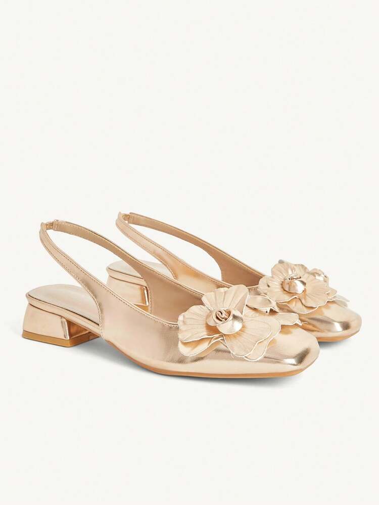 CUCCOO CHICEST Women Shoes Fashion Champagne Three-Dimensional Flower Back Strap Low Heel Square Toe Commuting Versatile Elegant Party Vacation Women Flat Shoes Slingback Shoes