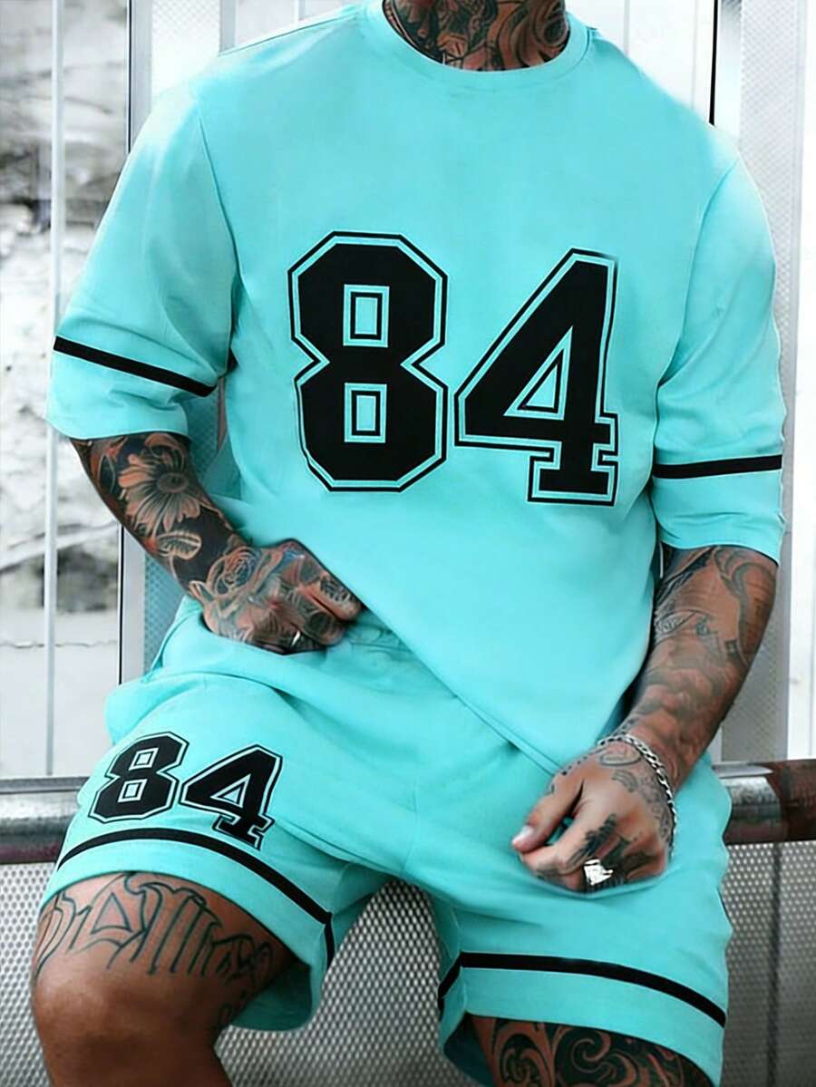 Manfinity Homme 男士薄荷蓝透气网眼字母印花短袖运动套装，春夏男士夏季运动服两件套，长款短裤T恤，男士号码球衣，男士街头服饰套装，男士休闲图案字母印花短袖T恤和短裤套装，适合日常休闲、周末旅行、户外活动、探险旅行、轻松的工作环境、送给男友/丈夫的礼物、周年纪念/生日礼物、派对、夏季假期、沙滩装、夏威夷婚礼等场合。 - 薄荷藍 - 查看 1
