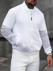 Manfinity Homme Men's Striped Mesh Long Sleeve Zip Front Casual Baseball Jacket - White - View 4