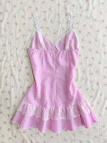 Flirla Women's Summer Lace Plaid Strap Mini Dress Golf White Sexy - Pink - View 2