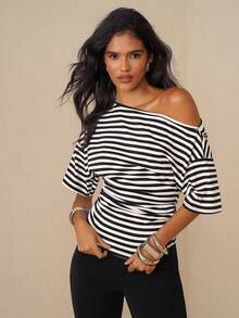 Glamine Damen Schwarz-Weiß gestreiftes asymmetrisches Kurzarm T-Shirt - Weiss - Übersicht 5