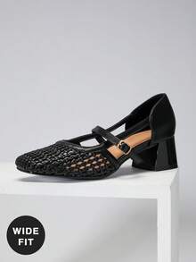 SHUZIA Women's Wide-Fit Crochet Raffia Mary Jane Pumps - Black - View 4