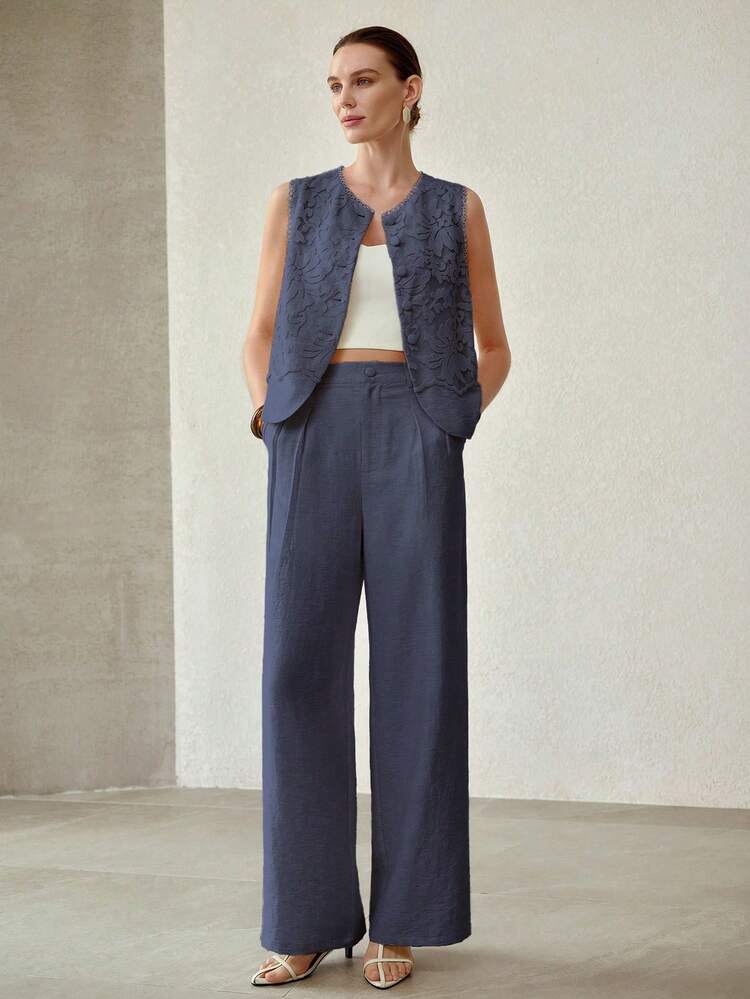 SPRING/SUMMER FASHIONABLE HIGH-END 2 PIECES SET WOMEN, CROPPED VINTAGE STYLE TANK TOP AND WIDE LEG PANTS, TEXTURED FABRIC, ELEGANT