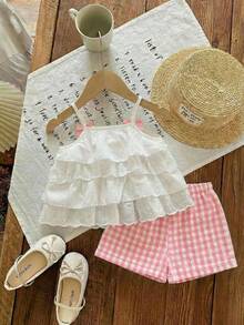 Ensemble Top à volants et short à carreaux mignon pour vacances d'été pour bébé fille - Rose bonbon - Voir 2