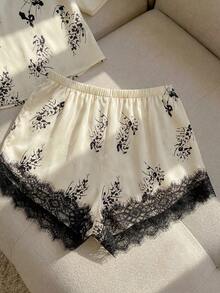 Resyla Lace Trim Plants Print Satin Pajama Set - Beige - View 4