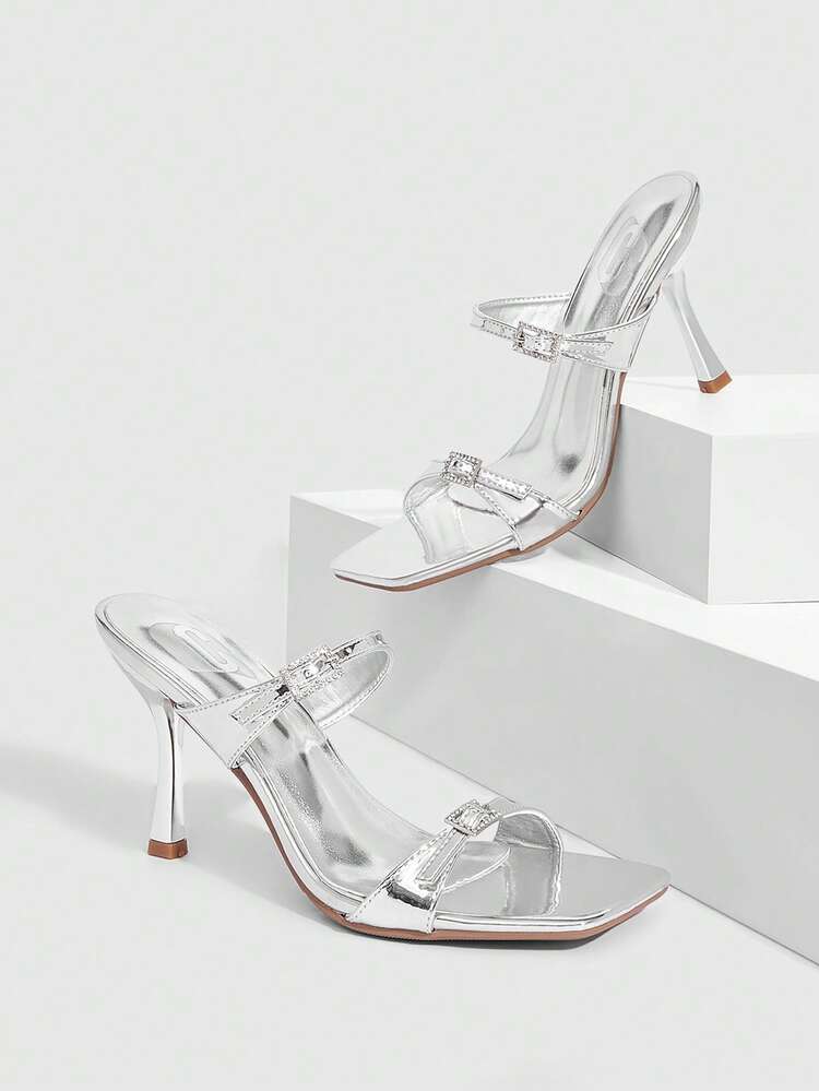 CUCCOO SZL Women Shoes Spring And Summer New Silver Square Toe Slender High Heel Rhinestone Buckle Women's High Heel Sandals Fashion Comfortable Versatile Sexy Party Women's Sandals Slippers Prom Heels