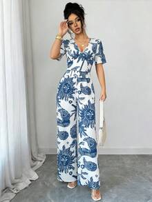 Elenzga 两件套新款深V领性感上衣和阔腿裤，女士 - 藍白色 - 查看 5