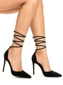 秋冬女士系带性感黑色细高跟绑带高跟鞋，优雅派对风 - 黑色 - 查看 1
