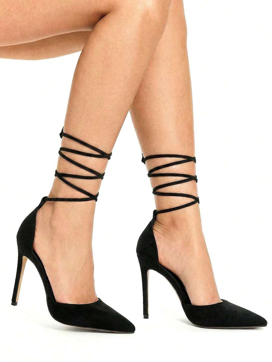 秋冬女士系带性感黑色细高跟绑带高跟鞋，优雅派对风 - 黑色 - 查看 1