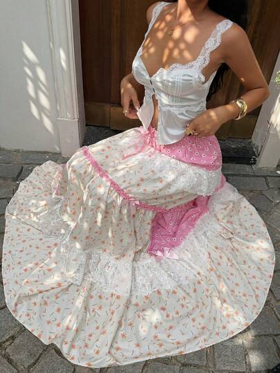 Sunnyshic Chân váy nữ màu hồng phối ren hoa cúc và họa tiết hoa nhỏ, kiểu dáng thắt eo, ngọt ngào và lãng mạn cho mùa xuân/hè, thích hợp cho đi biển, du lịch, đi làm và mặc hàng ngày.