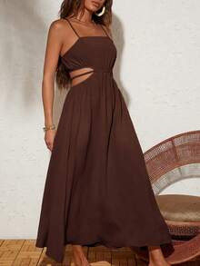 SHEIN TRVLCHIC Đầm dệt trơn màu trơn, không lưng, thắt eo - màu nâu - Xem 6