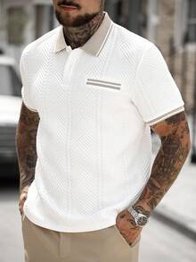 Manfinity CasualCool 男士撞色纹理翻领 Polo 衫，适合外出和办公穿着 - 白色 - 查看 4