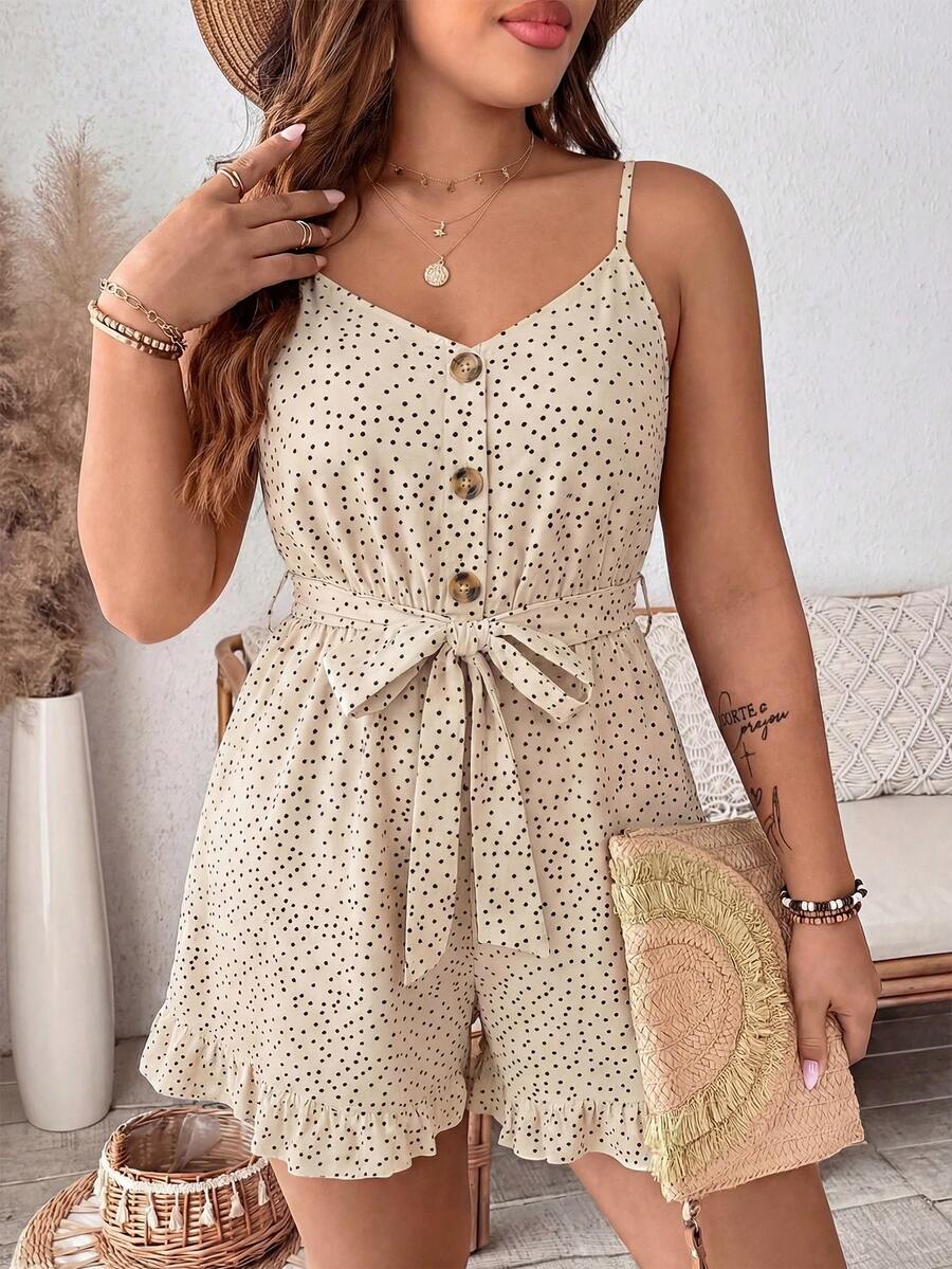 EMERY ROSE Bộ jumpsuit nữ mùa hè dáng rộng, dây mảnh, cài cúc phía trước, chấm bi, kiểu dáng thường ngày. - Màu be - Xem 1