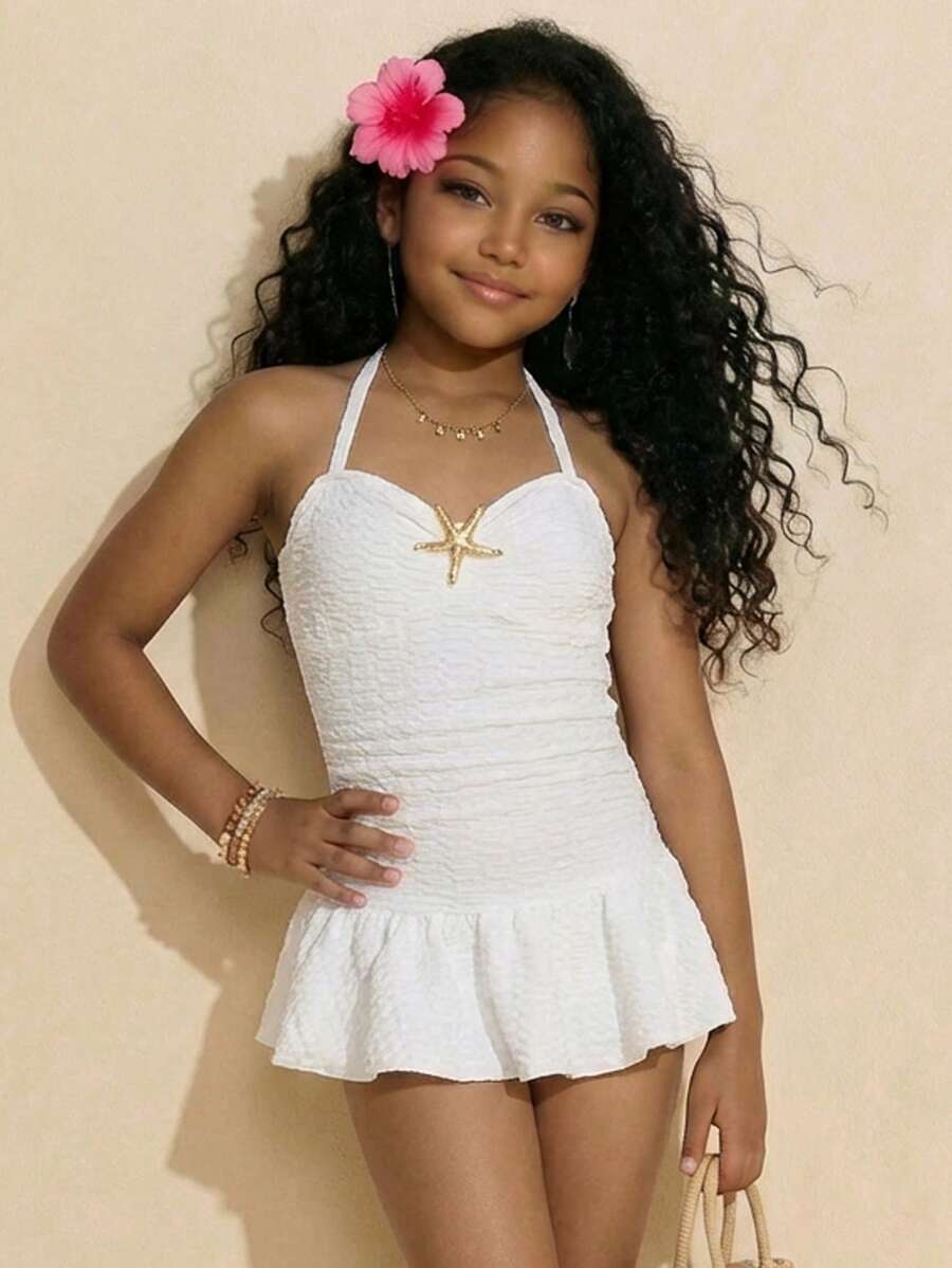 Travachic KIDS Áo tắm liền thân kiểu dáng trơn, chất liệu vải sần, dây mảnh, nơ buộc hình sao biển, hở lưng, thích hợp cho bé gái tuổi teen, đi biển mùa hè. - trắng - Xem 1