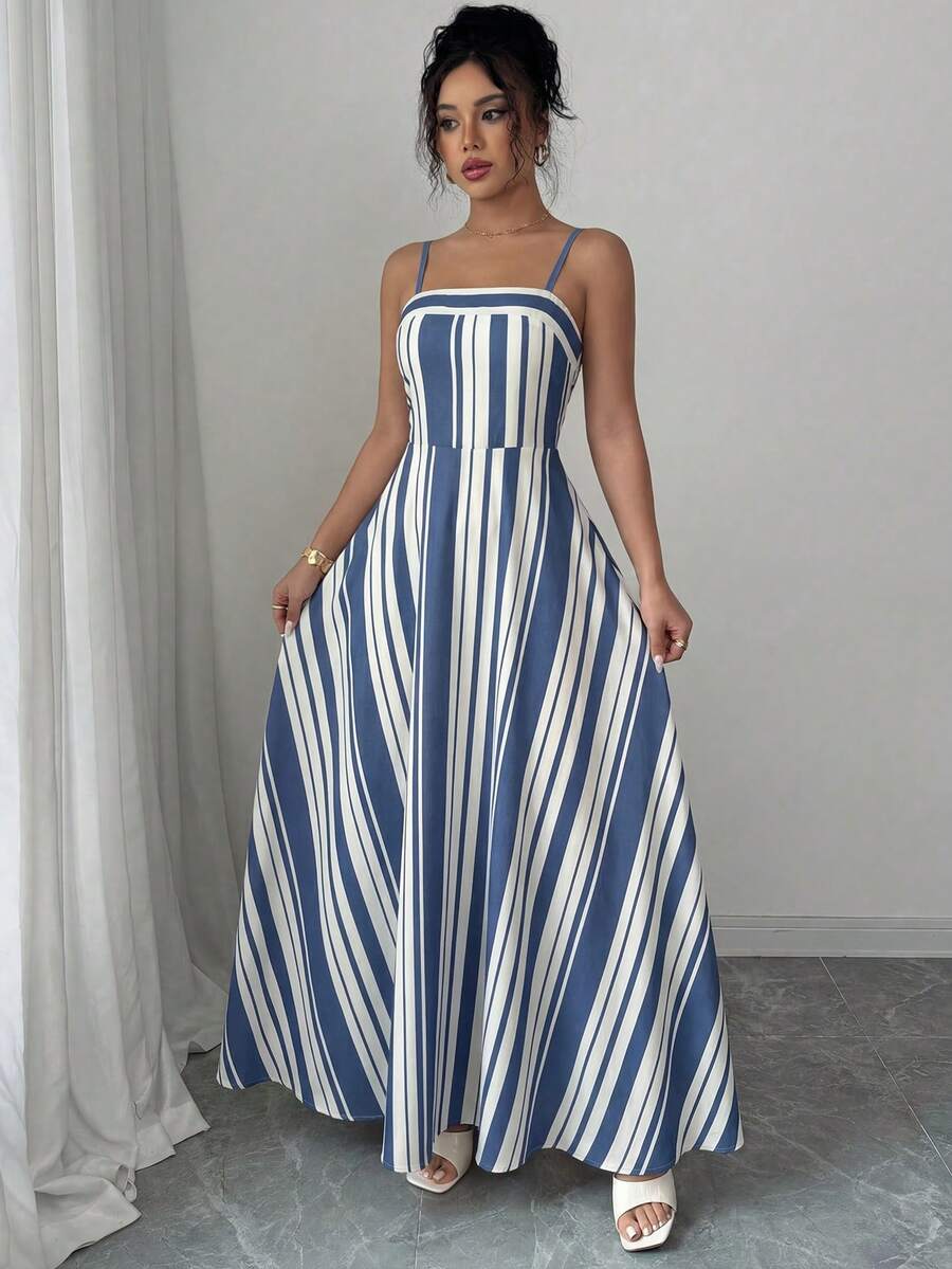 Elenzga Non-Positioned Printed Spaghetti Strap Square Neck Waist Gathered A-Line Elegant Romantic Delicate Dress, Sexy Striped - Multicolor - View 1