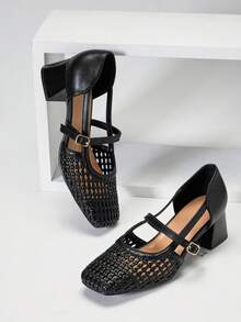 SHUZIA Bombas Mary Jane de rafia de ganchillo para damas - Negro - Ver 4