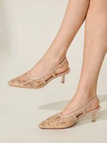 CUCCOO CHICEST 女士刺绣网纱串珠方头中跟套脚高跟鞋，优雅派对细高跟鞋 - 杏色 - 查看 6