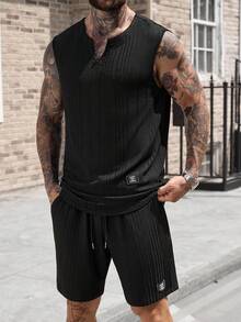 Manfinity CasualCool 男士夏季休闲纯色背心短裤套装 - 黑色 - 查看 5