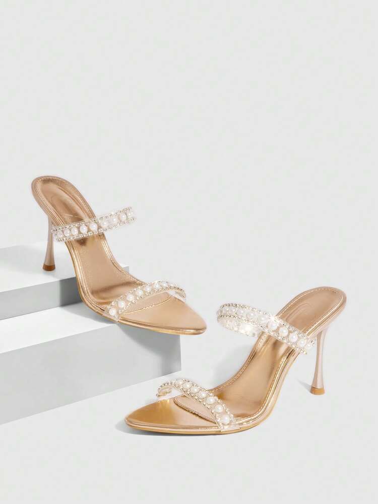 CUCCOO SZL Women Shoes Summer Pointed Stitch Champagne Transparent Pearl Rhinestone Open Toe Women's Sandals Sexy Fashion Gorgeous With Skirts Banquet Party Night Club Women's High Heel Sandals Slippers Prom Heels