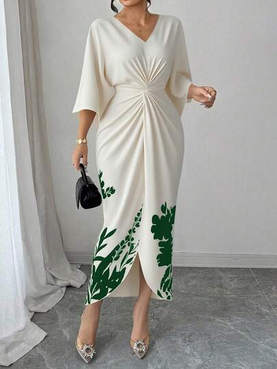 Elenzga Đầm nữ cỡ lớn in hoa, cổ chữ V, xếp ly, thắt eo, xẻ tà trước, tay cánh dơi, kiểu dáng tối giản thanh lịch, phù hợp cho các buổi tụ họp và đi chơi.