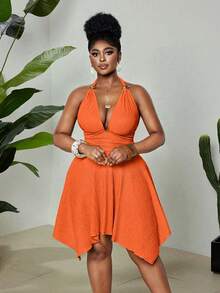 Maweii Plus Size Women's Burnt Orange Summer 70's Party Rave Holiday Dress,Jacquard High Stretch Halter Neck,Metal Decor,Asymmetric Hem Backless,Versatile - Orange - View 4