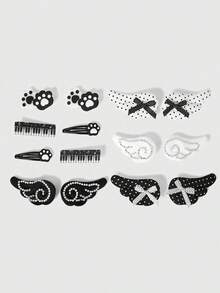 ROMWE 14 件随机可爱黑白波点发夹，手工翅膀蝴蝶结猫爪钢琴发夹，洛丽塔风格水钻发饰 - 黑白波點 - 查看 2