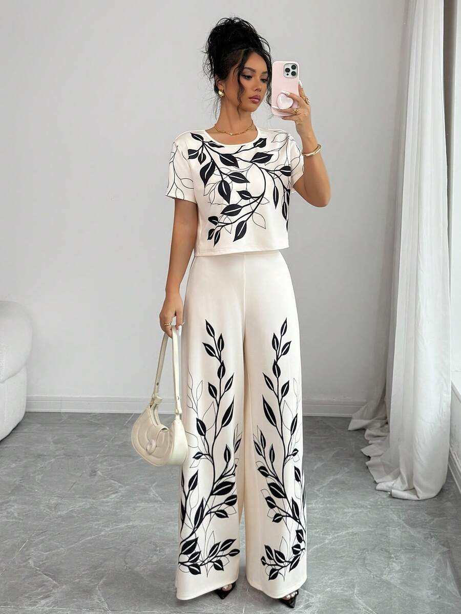 Elenzga Bộ đồ 2 mảnh mùa Xuân/Hè thanh lịch, thường ngày gồm áo thun cổ tròn in họa tiết và quần ống rộng, thích hợp cho Lễ Tạ ơn, Halloween, mặc ở nhà, đi chơi hoặc du lịch. - Nhiều màu - Xem 1