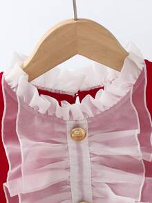 SHEIN Đầm ren phối lưới tương phản thanh lịch cho bé gái tuổi teen với viền bèo nhún. - Đỏ - Xem 9