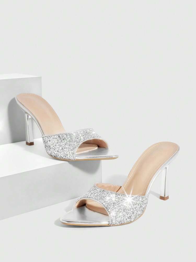 CUCCOO SZL Women Shoes Spring And Summer New Silver Glitter One Piece Peep Toe Women's High Heel Sandals Slippers Fashion Comfortable Versatile Sexy Party Women's Sandals Peep Toe Sandals Spring Shoes