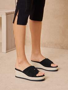SHUZIA Giày đế xuồng kiểu espadrille tối giản dành cho nữ, chất liệu giả da lộn, có khóa cài, đế dày. - màu đen - Xem 2
