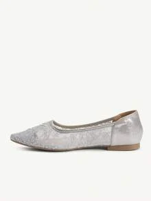 CUCCOO CHICEST Giày nữ thời trang mũi nhọn đế bằng ren bạc, lưới, thanh lịch, thoải mái, tiện dụng cho công sở, đa năng. Giày đế bằng nữ. - Bạc A - Xem 4
