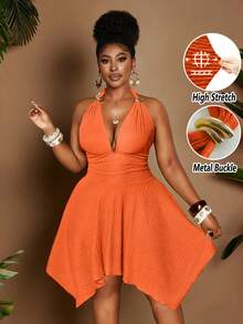 Maweii Plus Size Women's Burnt Orange Summer 70's Party Rave Holiday Dress,Jacquard High Stretch Halter Neck,Metal Decor,Asymmetric Hem Backless,Versatile - Orange - View 3