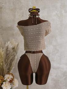 Zestiva 夏季女士三件套：蕾丝提花网纱三角比基尼上衣（系带领口）、系带泳裤和不对称网纱T恤，沙滩泳装套装 - 咖啡棕 - 查看 2