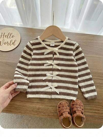 One-Piece Baby Girl Casual, Simple, Street Style, Commuting, Knitted Striped Round Neck Fitted Vest, Suitable For Spring And Summer, Suitable For Outings And Other Occasions.