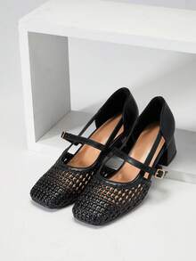 SHUZIA Bombas Mary Jane de rafia de ganchillo para damas - Negro - Ver 7
