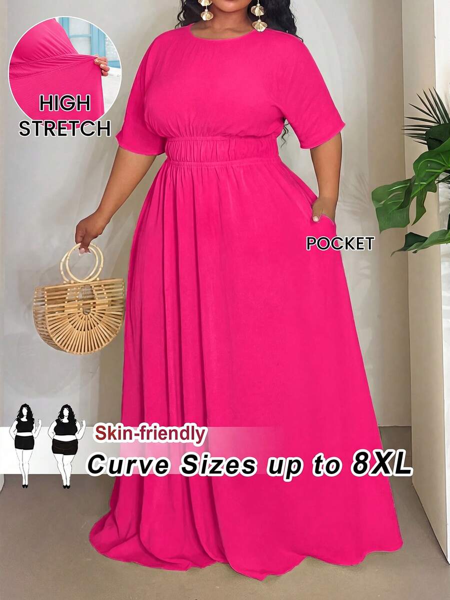 SHEIN CURVE+ 2026春夏新款大码度假休闲/日常休闲/外出/优雅派对/浪漫纯色黄色插肩袖弹力腰部收褶大A字摆梭织纹理面料女式长裙 - 玫紅色 - 查看 1