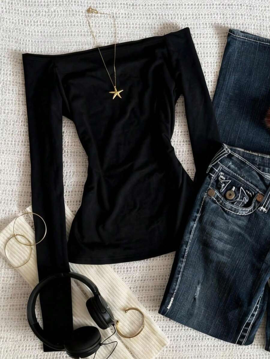 Glimmora Áo thun dài tay trễ vai tối giản thời trang, món quà lý tưởng cho bạn bè. - màu đen - Xem 1