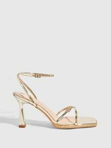 CUCCOO SZL Women Shoes New Square Toe Slender High Heel Light Gold Open Toe Back Ankle Strap Cross Lace Women's High Heel Sandals Fashion Sexy Versatile Women's Sandals Prom Heels Summer - Light gold - View 3