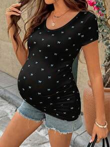 SHEIN Áo thun ngắn tay in nơ dành cho bà bầu, kiểu dáng thường ngày, đa năng. - màu đen - Xem 5
