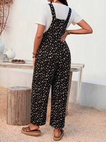SHEIN Bộ áo liền quần bầu dáng rộng, in họa tiết toàn thân, có dây đeo vai điều chỉnh được và túi eo cài nút. - màu đen - Xem 2