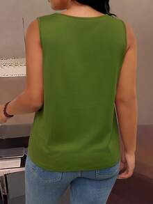 EMERY ROSE Plus Size Square Neck Pleated Tank Top - Green - View 2