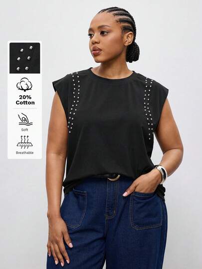 Maija Plus Size  Women Curve Summer New Arrivals Casual Black Studded Top Rock StyleJ Eans Latest T-Shirt With Pearl Decor Tops To Wear Premium Tops  For Vintage Women Old Money Teacher For Women Romantic, Fashion, Versatile Summer Women Party Top Beach Holiday Vacation Going Out Graduation Elegant Women's Blouses Casual Blouses Formal Attire Work Office For Women