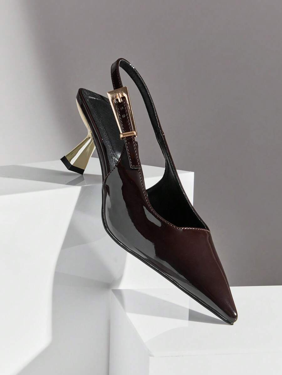 SHUZIA Tacones de salón con punta metálica, tacón de gatito y hebilla con firma, inspirados en diseñadores, elegantes y cómodos, con acabado brillante y en color café para mujer - Café integral - Ver 1