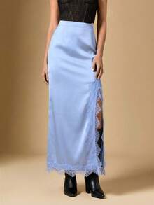 Briarwyn Falda larga de cintura alta azul claro para mujer en verano, otoño, elegante, falda casual de satén para fiestas, Día de San Valentín, vacaciones de primavera para mujer - Celeste - Ver 1
