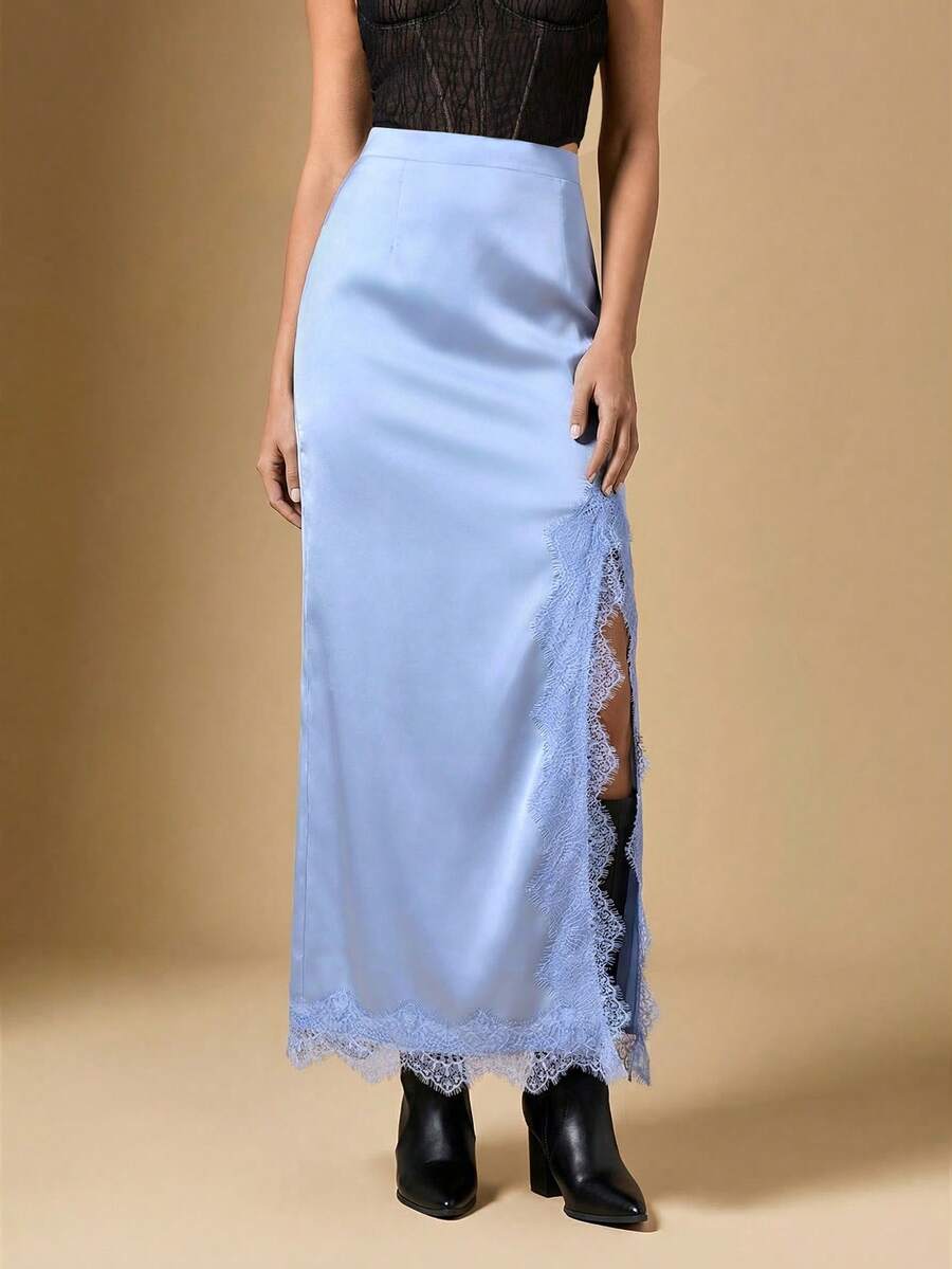 Briarwyn Falda larga de cintura alta azul claro para mujer en verano, otoño, elegante, falda casual de satén para fiestas, Día de San Valentín, vacaciones de primavera para mujer - Celeste - Ver 1