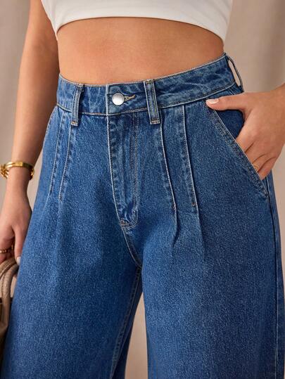 SHEIN Blugi denim plisați cu talie înaltă