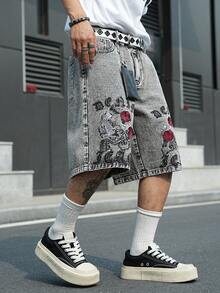 Manfinity EMRG Men's Casual Street Style Embroidered Dark Grey Denim Shorts - Dark Grey - View 5