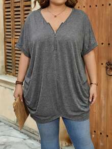 SHEIN CURVE+ Oversized US22 Musik Festival, Strandurlaub, Boho Damen Einfarbig Reißverschluss Halb-Reißverschluss Kurzarm Lässiges Locker Sitzende T-Shirt Damen Oberteile Schwarz Lässige Oberteile T-Shirts - Grau - Übersicht 7