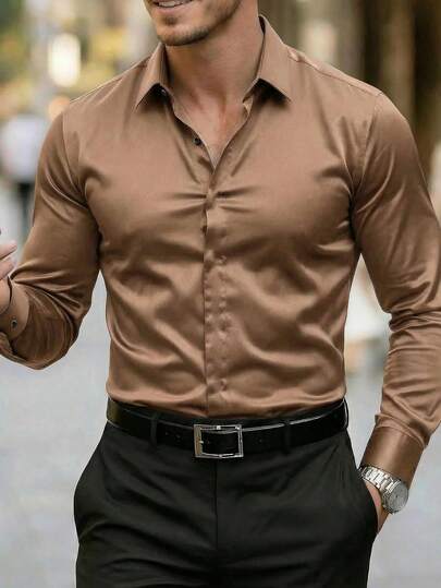 Manfinity Mode Camisa casual de un solo pecho de unicolor versátil para uso diario para hombres