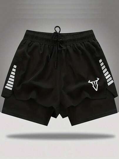 Manfinity Sport Corelite Pantalones cortos deportivos de doble capa con rayas reflectantes para hombres